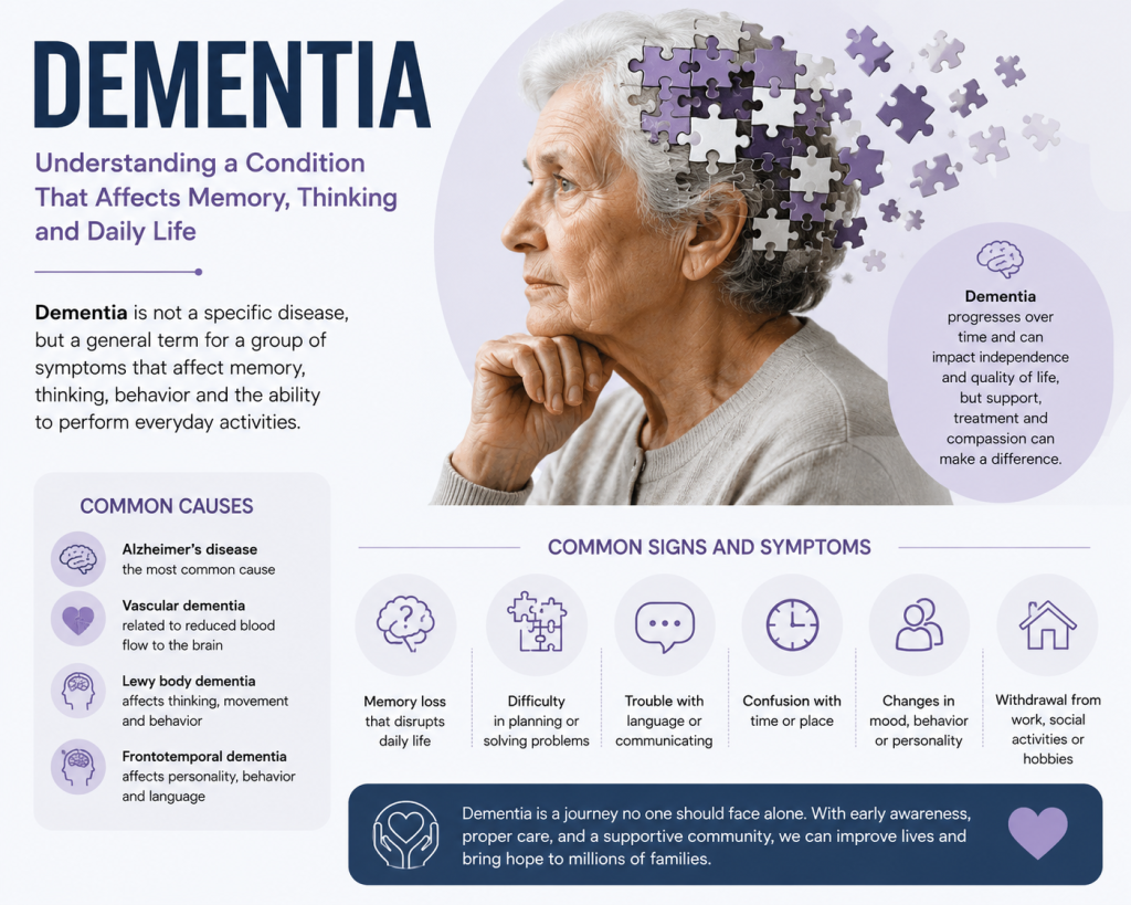 Dementia disease infographic showing symptoms, causes, memory loss, cognitive decline, Alzheimer's disease, and brain health changes in elderly adults.