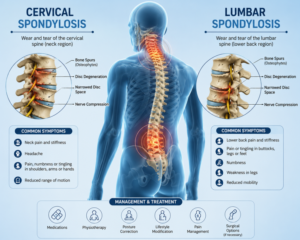 Medical illustration comparing cervical spondylosis and lumbar spondylosis, showing spinal degeneration, disc wear, nerve compression, bone spurs, symptoms, and treatment options