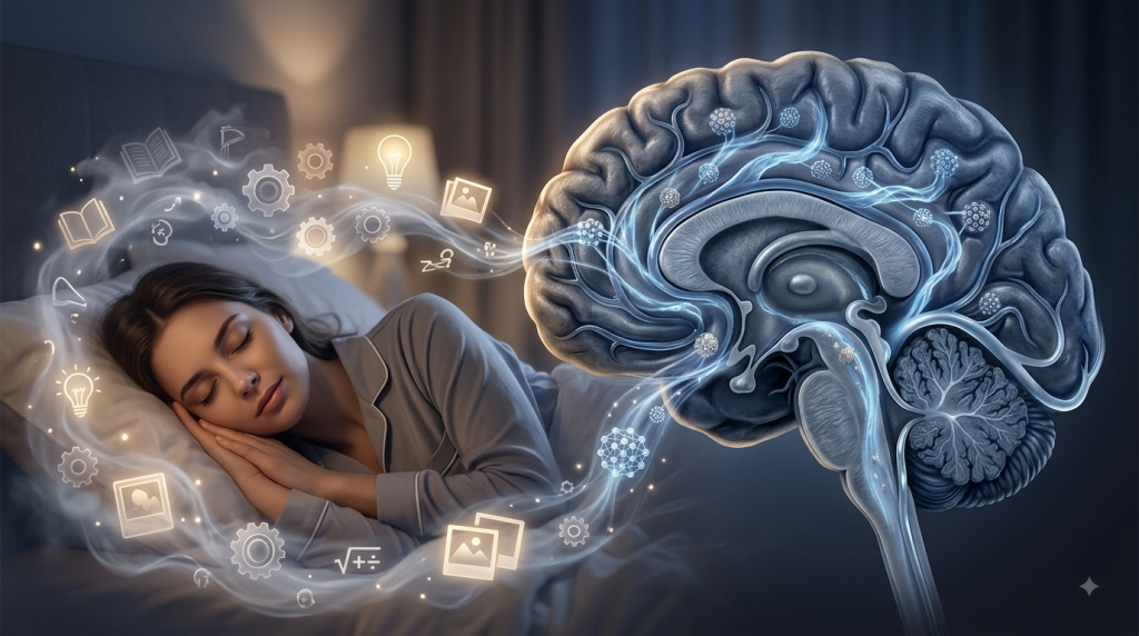 medical illustration showing a sleeping woman resting peacefully on a bed on the left side of the frame. Surrounding her head are softly glowing, translucent icons representing thoughts and memories such as lightbulbs, gears, open books, photographs, and mathematical symbols embedded in a misty, illuminated stream