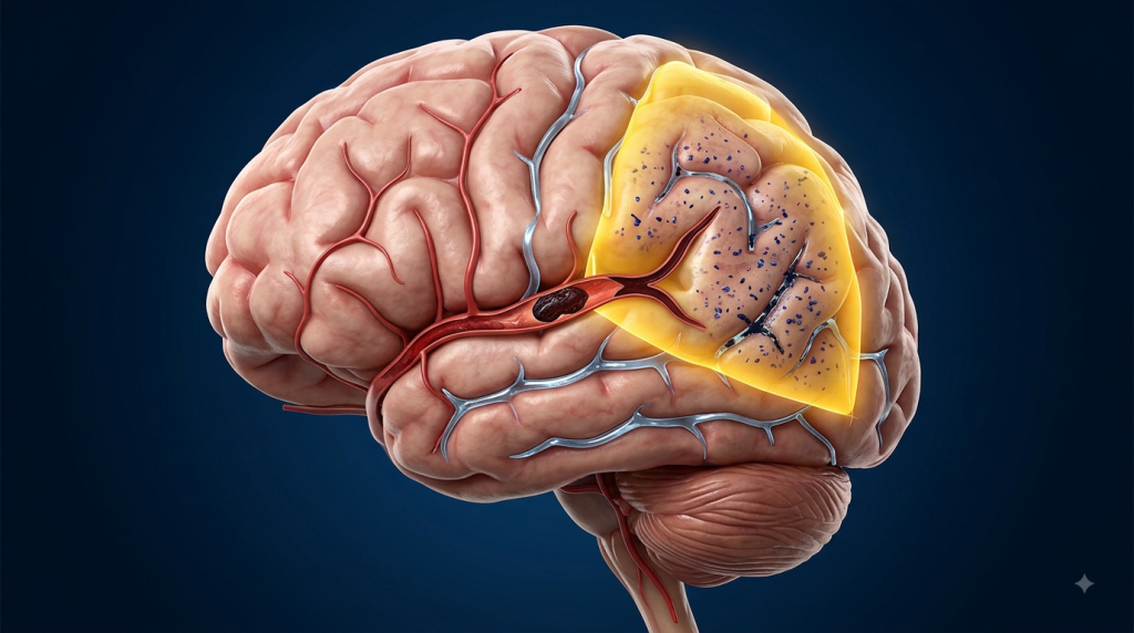 A medical illustration showing a side profile of the human brain against a dark blue background. The brain features a detailed network of red and blue blood vessels on its surface. On the right side, there is a prominent, translucent yellow patch highlighting a specific region of the brain, within which small dark blue particles are concentrated along the vessel lines.